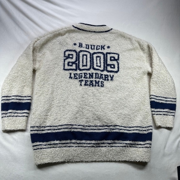 B Duck Teens Fuzzy Cardigan Sweater Cream Blue Varsity Y2K Graphic Size Medium - Picture 14 of 16